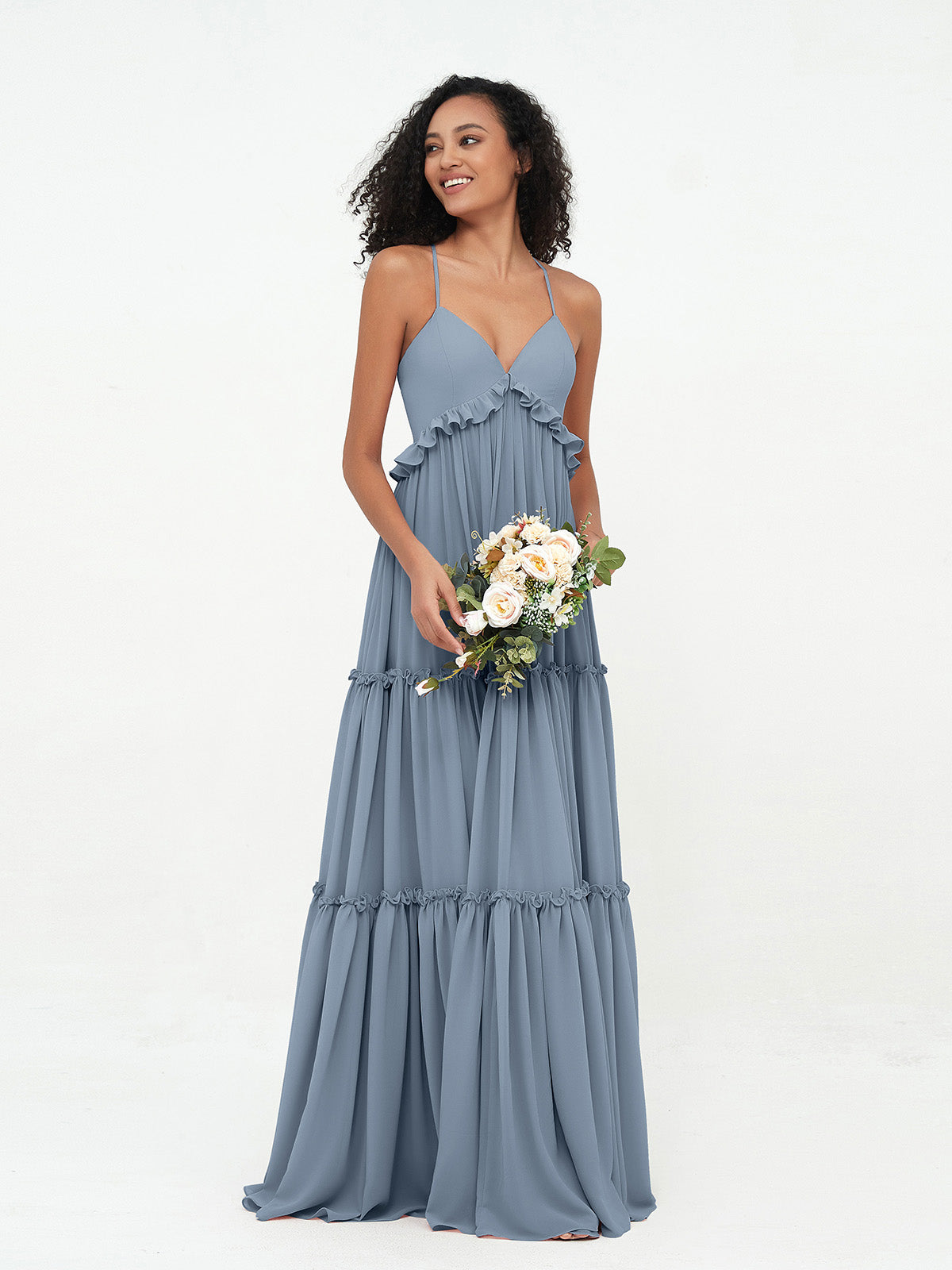 Deep Sweetheart Neck Empire Boho Dresses Dusty Blue